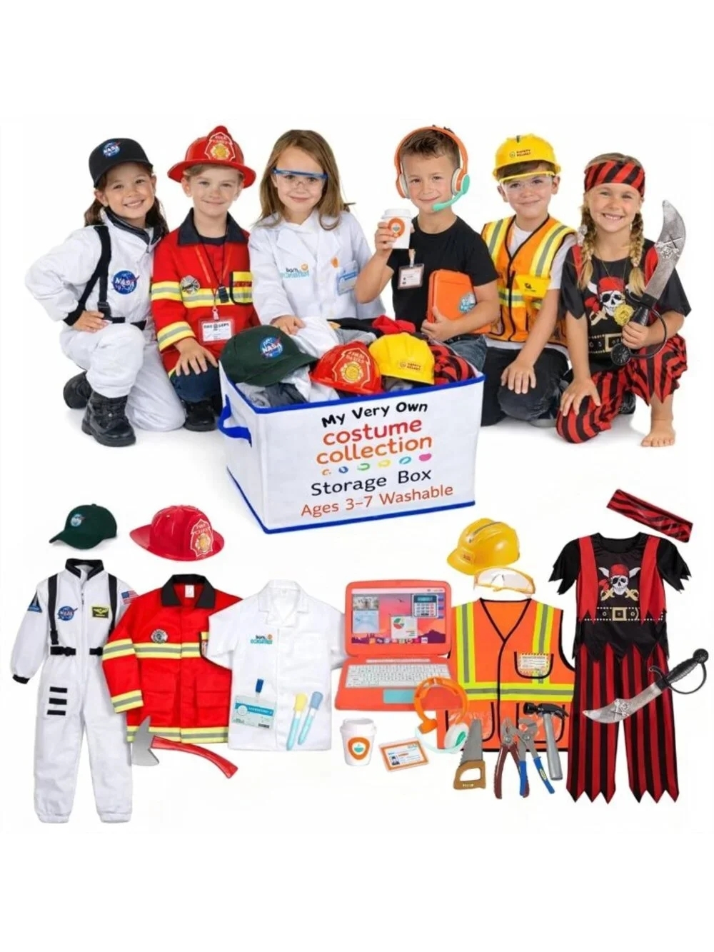6-in-1 Toddler Dress Up Costumes for Kids 3-7, Firefighter, Astronaut & More!